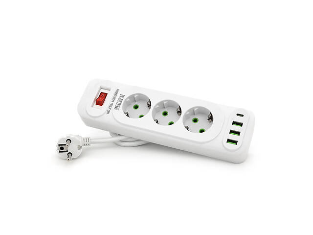 Сетевой фильтр F23U, 3 розетки EU + 3 USB + PD, кнопка включения с индикатором, 2 м, 3х0,75мм, 2500W, White, - Фото 1