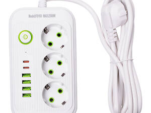 Мережевий фільтр кабель 2,7 м подовжувач F16 на 3 розетки 4 usb 2 type-c та кнопкою відключення Білий HP-5-19