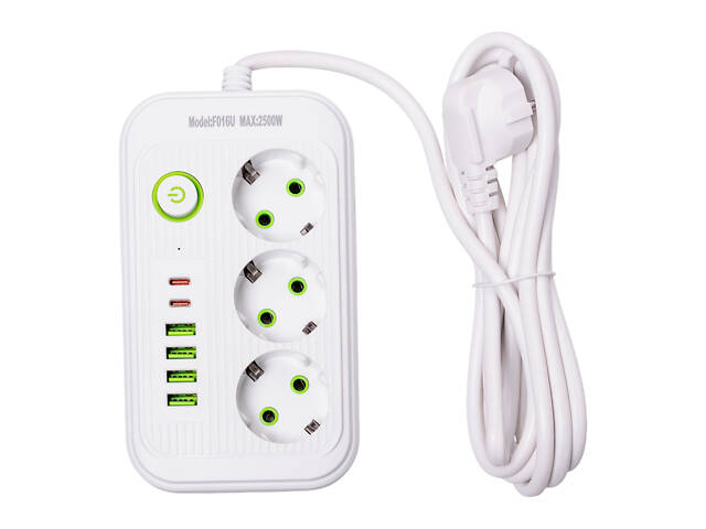 Мережевий фільтр кабель 2,7 м подовжувач F16 на 3 розетки 4 usb 2 type-c та кнопкою відключення Білий HP-5-19 - Фото 1