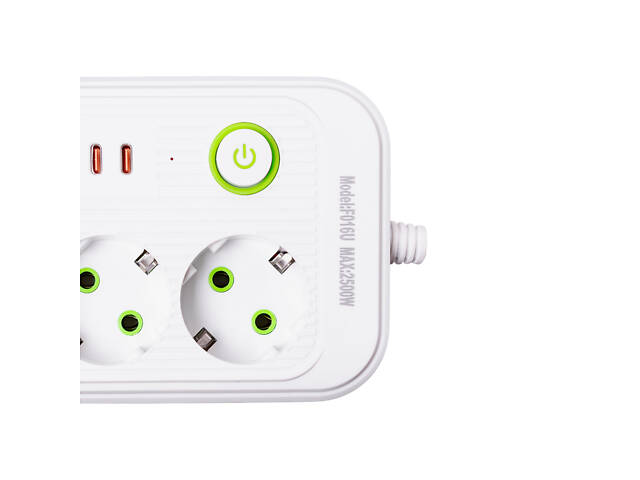 Мережевий фільтр кабель 2,7 м подовжувач F16 на 3 розетки 4 usb 2 type-c та кнопкою відключення Білий HP-5-19 - Фото 5