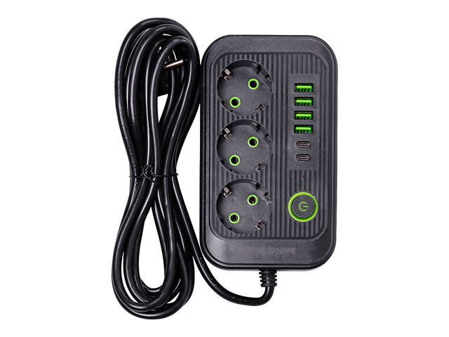 Мережевий фільтр кабель 3.8 м подовжувач F16 на 3 розетки з USB портами та кнопкою відключення Чорний HP-5-20 - Фото 1