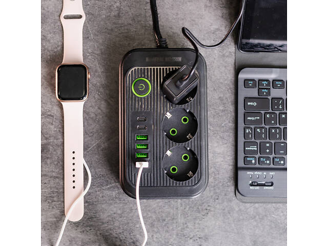 Мережевий фільтр кабель 3.8 м подовжувач F16 на 3 розетки з USB портами та кнопкою відключення Чорний HP-5-20 - Фото 2