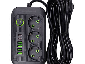 Мережевий фільтр кабель 4.75 м подовжувач F16 на 3 розетки 4 usb 2 type-c та кнопкою відключення Чорний HP-5-22