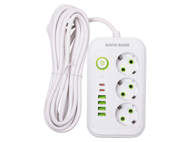 Мережевий фільтр кабель 4.75 м подовжувач F16 на 3 розетки 4 usb 2 type-c та кнопкою відключення Білий HP-5-21 - Фото 1