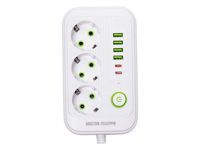 Мережевий фільтр кабель 4.75 м подовжувач F16 на 3 розетки 4 usb 2 type-c та кнопкою відключення Білий HP-5-21 - Фото 3