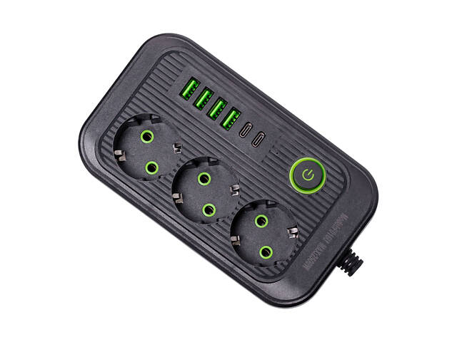 Мережевий фільтр кабель 4.75 м подовжувач F16 на 3 розетки 4 usb 2 type-c та кнопкою відключення Чорний HP-5-22 - Фото 3