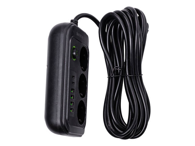 Мережевий фільтр кабель 4.75 м подовжувач F16 на 3 розетки 4 usb 2 type-c та кнопкою відключення Чорний HP-5-22 - Фото 6