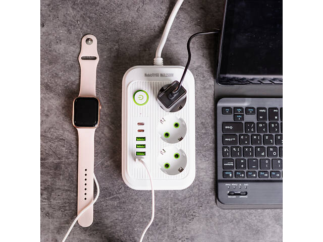 Мережевий фільтр кабель 4.75 м подовжувач F16 на 3 розетки 4 usb 2 type-c та кнопкою відключення Білий HP-5-21 - Фото 2