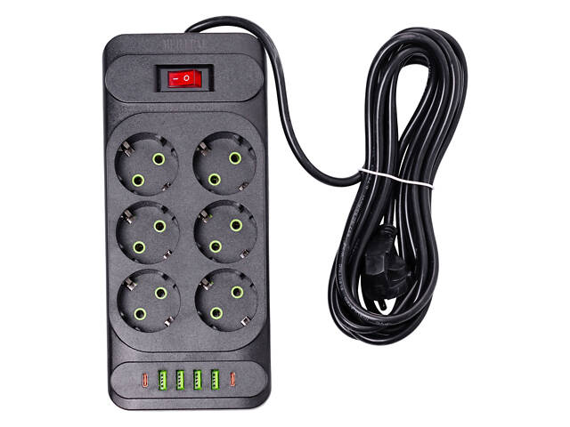 Мережевий фільтр подовжувач 3 м на 6 розеток 4 USB 2 Type-C та кнопкою вимкнення HP-5-15 - Фото 1