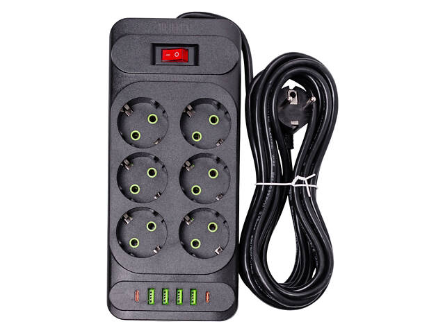 Мережевий фільтр подовжувач 5 м на 6 розеток 4 USB 2 Type-C та кнопкою вимкнення HP-5-16 - Фото 1