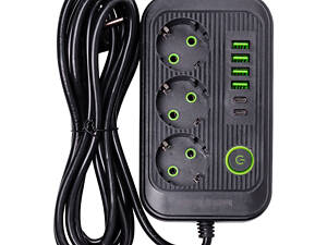 Мережевий фільтр подовжувач F16 на 3 розетки з USB портами та кнопкою відключення 3.8 м Чорний HP-5-20