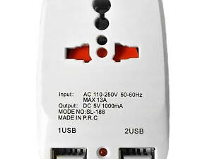 Сетевой разветвитель тройник Travel Adaptor 823 c 2 USB 1500mA 7043