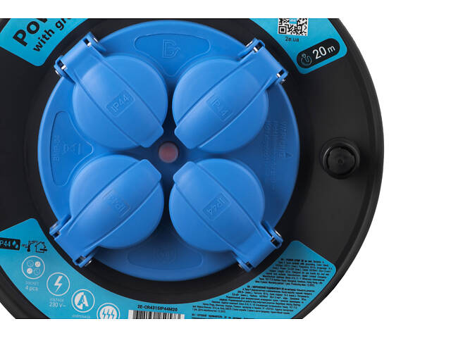 Мережевий подовжувач 2E 4XSchuko на котушці, ІР44, 3G*1.5мм, 20м, black (2E-CR4315IP44M20) - Фото 4