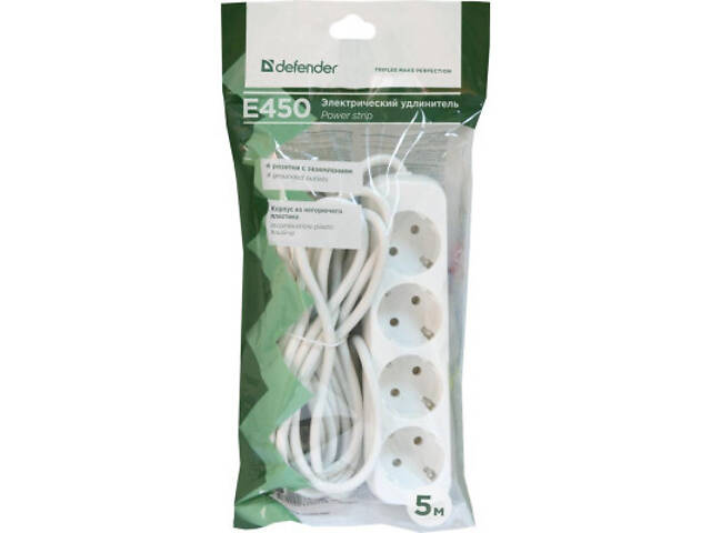 Мережевий подовжувач Defender E450 5.0 m 4 роз white (99227) - Фото 4