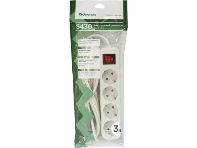 Мережевий подовжувач Defender S430 3.0 m 4 роз switch white (99238) - Фото 4