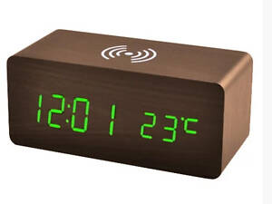 Сетевые настольные часы VST-889-4 беспроводная зарядка + температура (USB ААА) Зеленые цифры