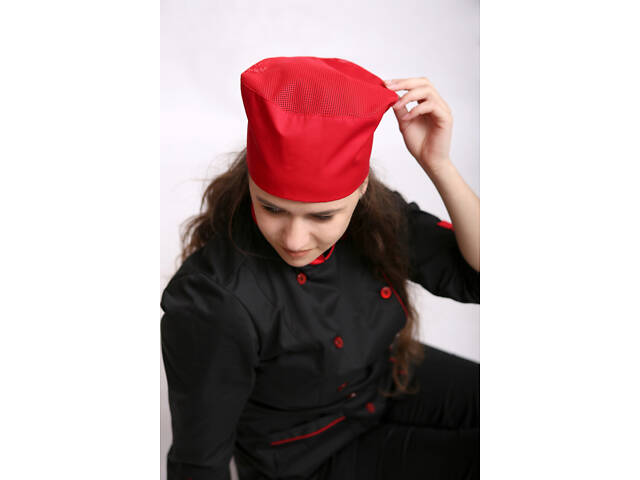 Шапка таблетка поварская с сеткой котон красный Т-01 - Форма повара - Фото 1