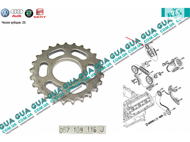 Шестерня натягувача ланцюга (зірочка) ГРМ 057109116J VW/ВОЛЬКС ВАГЕН PHAETON 2004-/ФАЕТОН 04-, VW/ВОЛЬКС ВАГЕН T