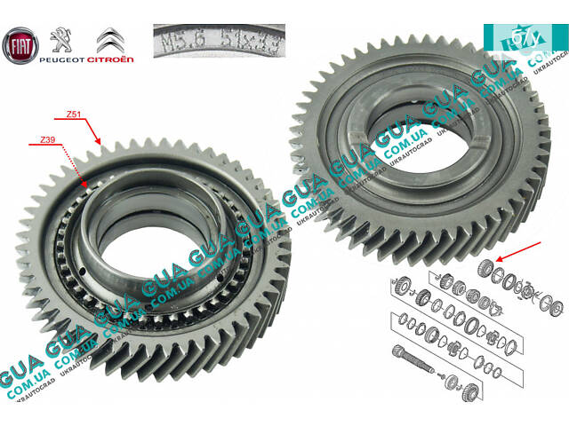 Шестерня Z=51/39 (зубчасте колесо) 5 передачі первинного валу КПП 9649267088 Citroen/СІТРОЕН JUMPY III 2007-/ДЖАМПІ