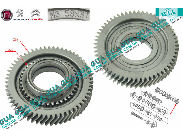 Шестерня Z=58/39 (зубчасте колесо) 6 передачі первинного валу КПП 9650336088 Citroen/СІТРОЕН JUMPY III 2007-/ДЖАМПІ