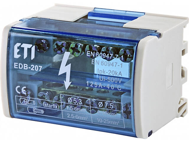 Шина нулевая (кросс-модуль) 2х7 отверстий 125А L+PE/N на DIN-рейку [1102300] EDB-207 ETI - Фото 1