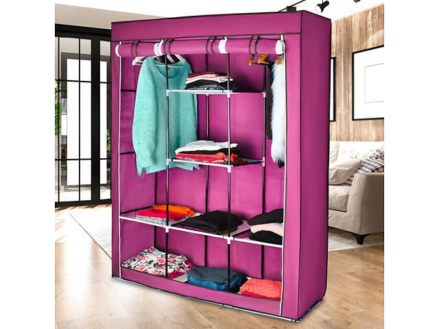 Шкаф тканевый складной STORAGE WARDROBE 88130 на 3 секции 130х45х175 см Розовый - Фото 3