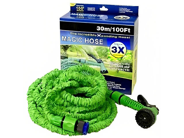 Шланг растягивающийся садовый для полива с распылителем Magic Hose 30 м Зеленый - Фото 1