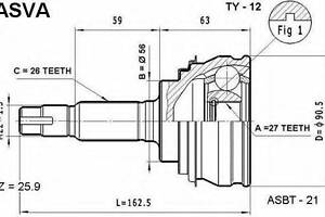 ШРУС НАРУЖНЫЙ 27X56X26 (TOYOTA CELICA ST200 1993-1999) ASVA TY12 на TOYOTA CAMRY седан (_V2_)