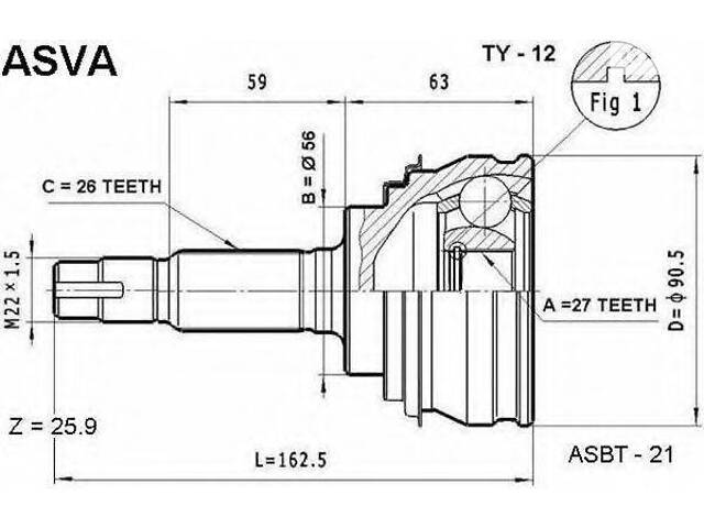 ШРУС НАРУЖНЫЙ 27X56X26 (TOYOTA CELICA ST200 1993-1999) ASVA TY12 на TOYOTA CAMRY седан (_V2_)