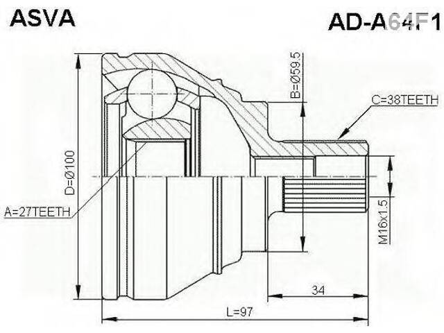 ШРУС НАРУЖНЫЙ 27X59,5X38 (A6 4F 2004-) ASVA ADA64F1 на VW PHAETON седан (3D_)