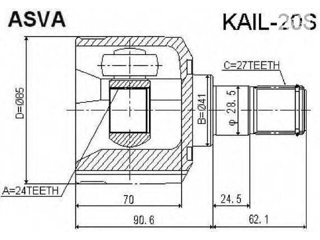 ШРУС ВНУТРЕННИЙ ЛЕВЫЙ 24x41x27 (KIA SPORTAGE 2004-2010) ASVA KAIL20S на KIA SPORTAGE (JE_, KM_)