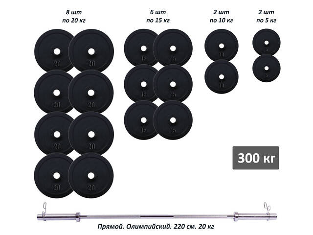 Штанга олімпійська 300 кг з прогумованими металевими дисками RN-Sport - Фото 1