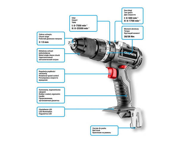Шуруповерт Graphite Energy+ 18V безщітковий 58Нм, 3 ск., 0-500·0-1700об/хв (без АКБ і ЗУ) (58G020) - Фото 8