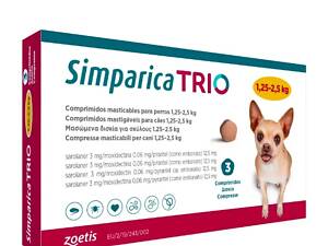 Simparica TRIO (Симпарика ТРИО) таблетки от блох, клещей и гельминтов для мелких собак весом от 1.25 до 2.5 кг 1 таблетк