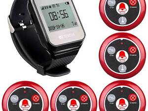 Система виклику офіціанта бездротова з чорним годинником - пейджером Retekess TD108 + 5 червоних кнопок (з кнопкою КАЛЬЯ