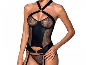 Сітчастий комплект корсет з халтером, знімні підв'язки і трусики Amanda Corset black S/M - Passion Feromon