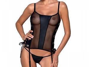Сітчастий корсет з еко-шкіри Passion Malwia Corset black L/XL: з люверсами і знімними пажами Feromon