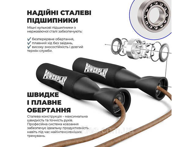 Скакалка шкіряна PowerPlay 4214 Leather Jump Rope Чорна 2.75 см. - Фото 2
