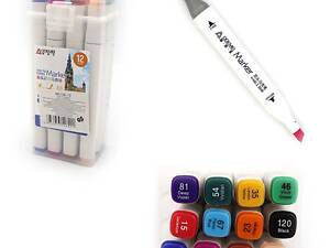 Скетч маркери двосторонні 12 кольорів Aodemei M6138-12 круглий та скошений наконечник, квадратний корпус plastic box