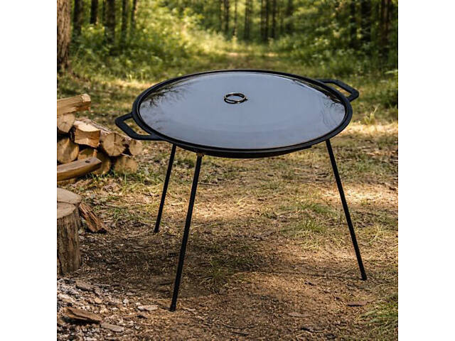 Сковорода чавунна 45 см із кришкою з неіржавкої сталі та підставкою - Фото 1