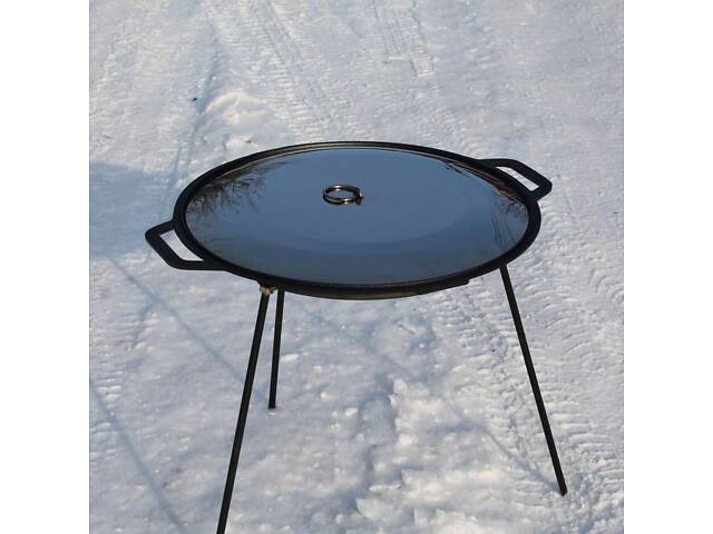 Сковорода чавунна 45 см із кришкою з неіржавкої сталі та підставкою - Фото 3