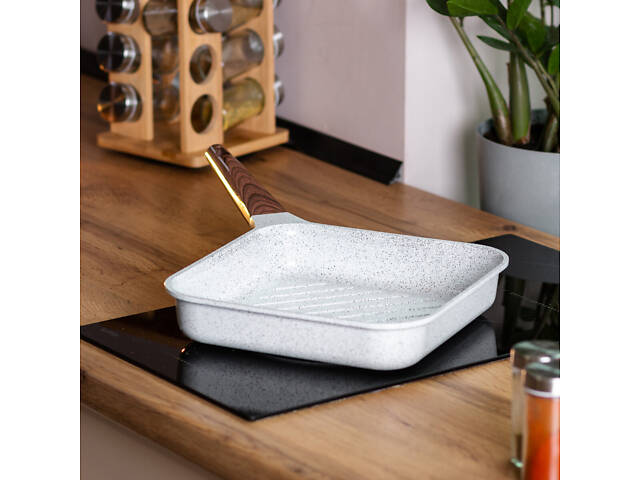 Сковорода-гриль алюмінієва, квадратна, 2,5 л, з антипригарним покриттям, 24 см MGC White - Фото 6