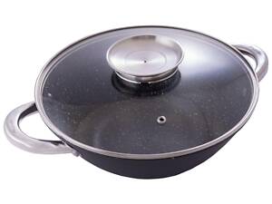 Сковорода-wok чугунная Kamille 320 мм x 4.5 л мрамор с крышкой (4807MR)