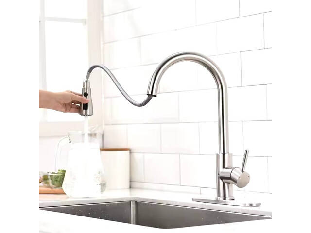 Змішувач для кухні латунний з гнучким висувним шлангом з нержавіючої сталі з матовим нікелевим покриттям - Фото 1