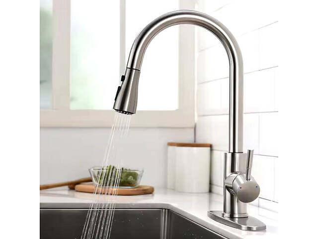 Змішувач для кухні латунний з гнучким висувним шлангом з нержавіючої сталі з матовим нікелевим покриттям - Фото 2