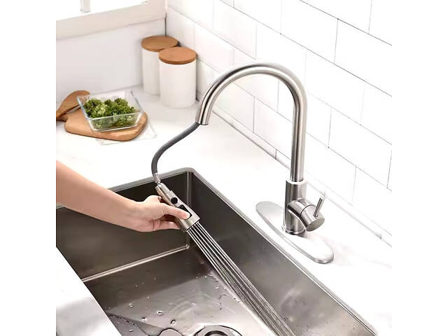 Змішувач для кухні латунний з гнучким висувним шлангом з нержавіючої сталі з матовим нікелевим покриттям - Фото 3