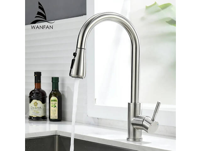 Змішувач для кухні латунний з гнучким висувним шлангом з нержавіючої сталі з матовим нікелевим покриттям - Фото 4