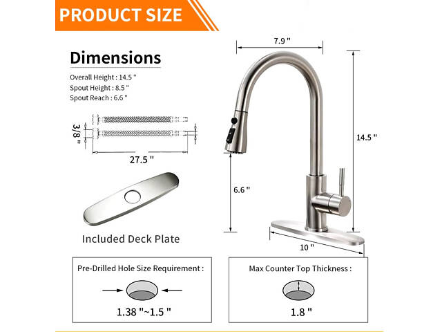 Змішувач для кухні латунний з гнучким висувним шлангом з нержавіючої сталі з матовим нікелевим покриттям - Фото 6