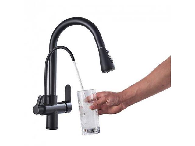 Смеситель для кухни латунный с подключением к фильтру, кран кухонный с выдвижным шлангом WanFan Черный - Фото 1