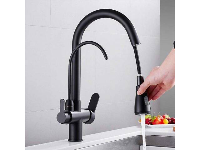 Смеситель для кухни латунный с подключением к фильтру, кран кухонный с выдвижным шлангом WanFan Черный - Фото 3